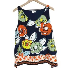 Crown & Ivy Womens Tank Blouse PXL Blue Orange Floral Layered Sleeveless Office